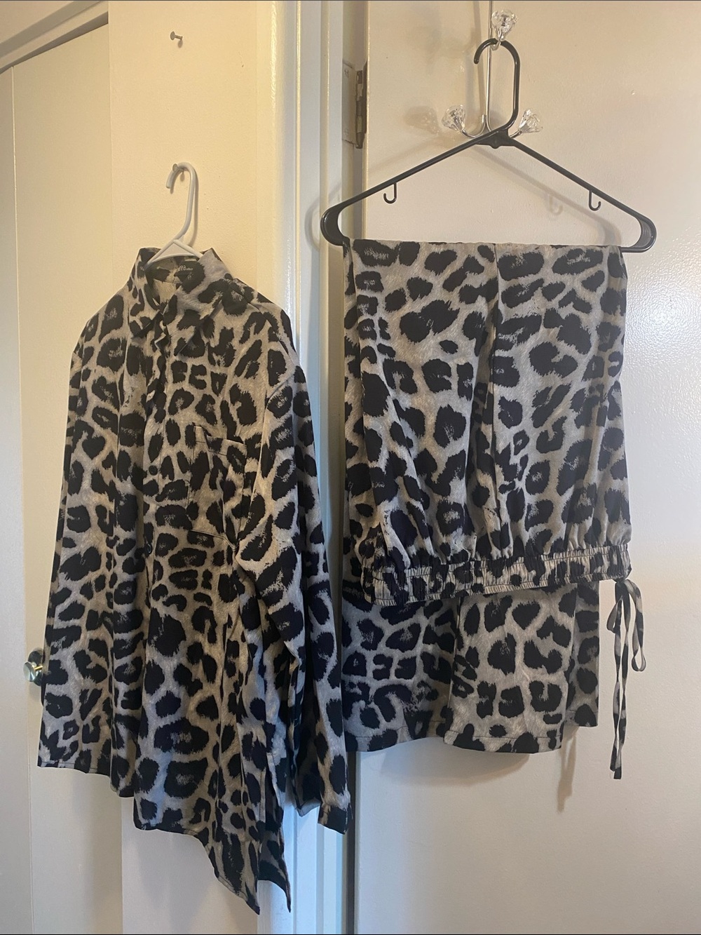 Zanzea Leopard Print Blouse and Pant Set - Black and Cream